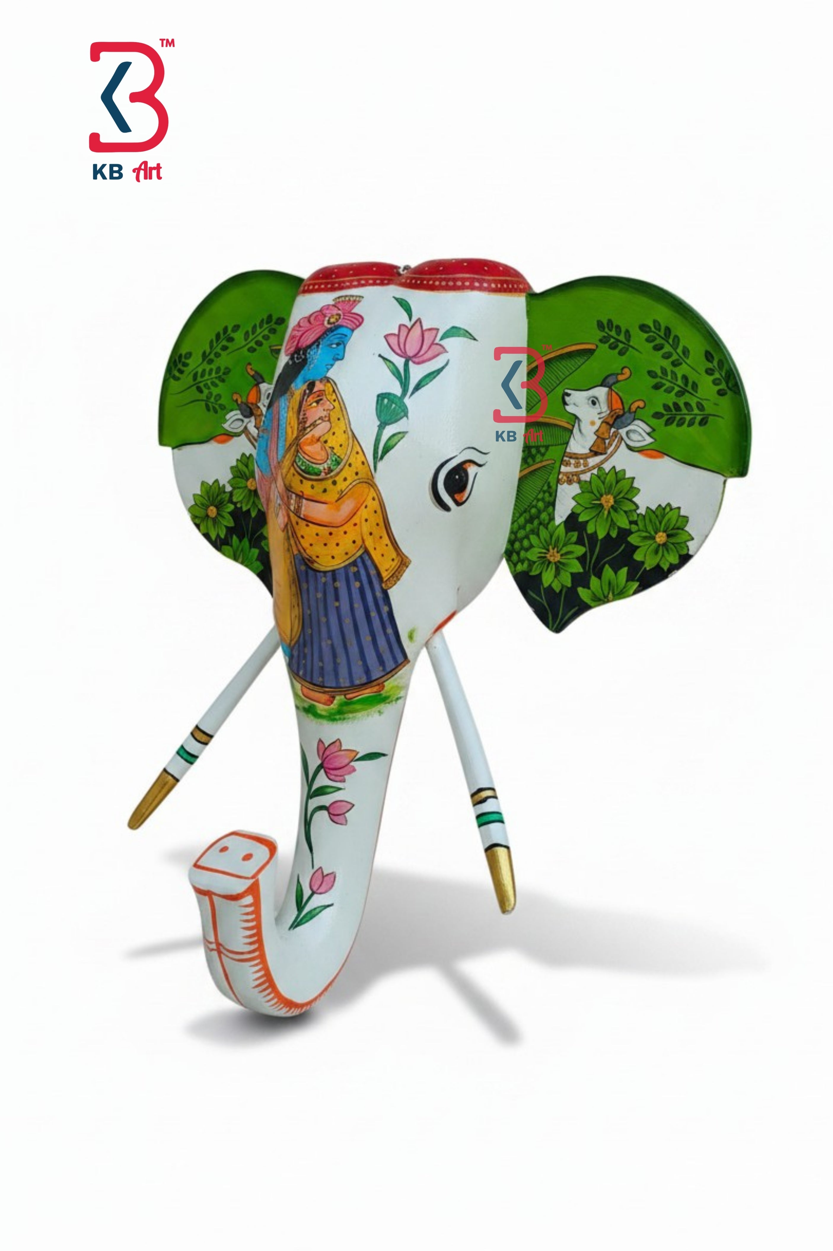 KB ART Wooden Elephant Head Radha Krishna 18inches - Front View of Handcrafted Detailing - Handcrafted Wooden Decor Jodhpur
