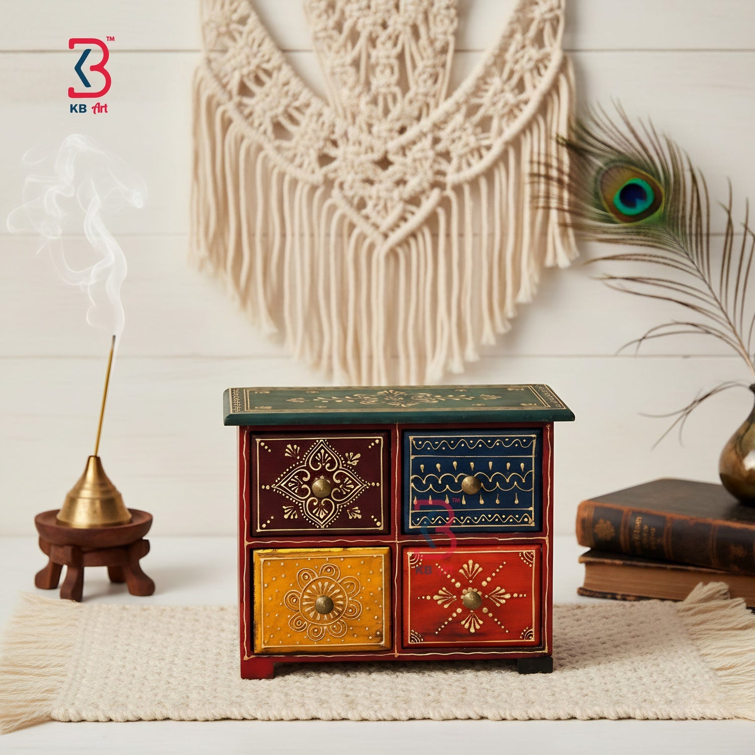 KB ART Wooden 4 Drawer Mdf Box - Front View of Handcrafted Detailing - Handcrafted Wooden Decor Jodhpur