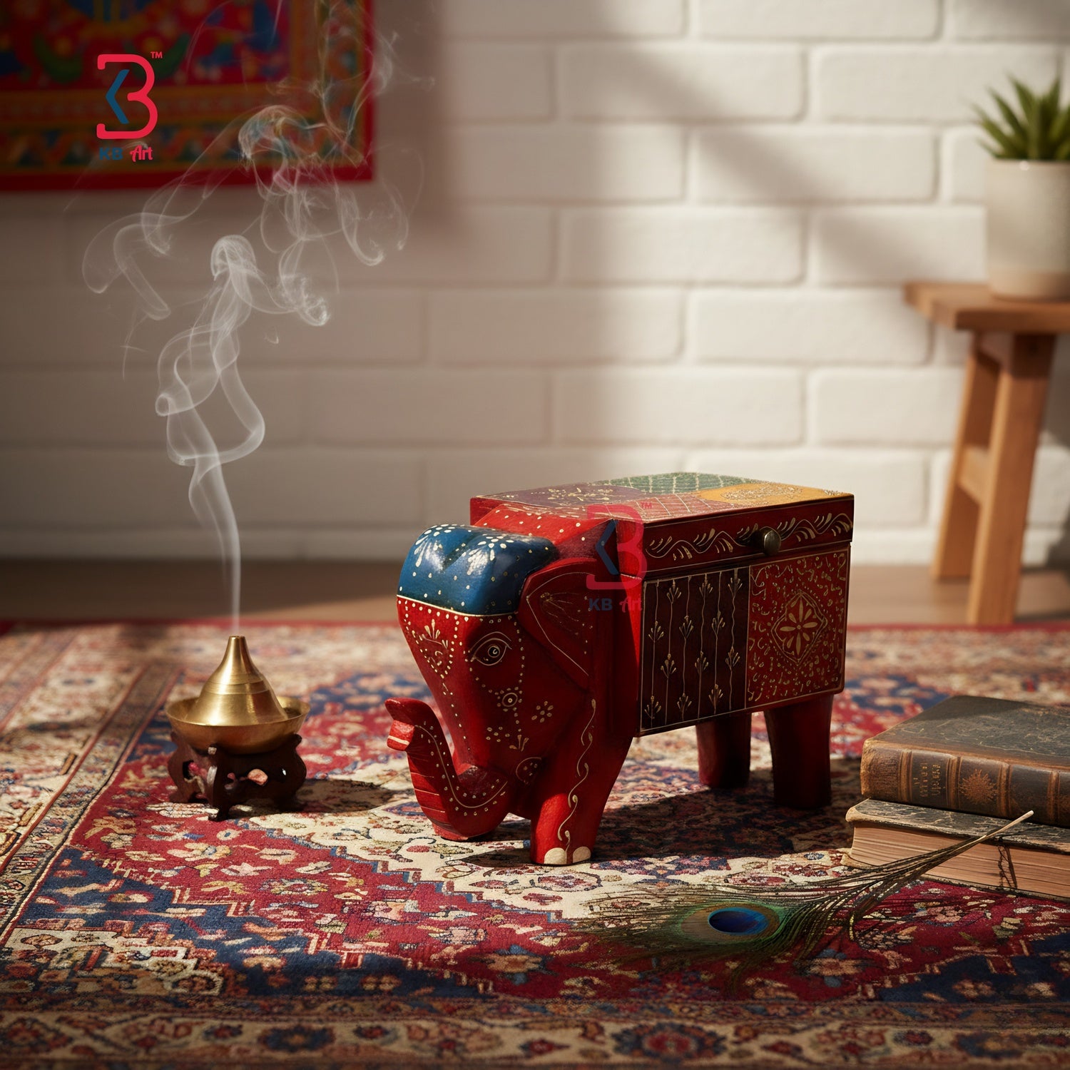 KB ART Wooden Elephant Box - Front View of Handcrafted Detailing - Handcrafted Wooden Decor Jodhpur