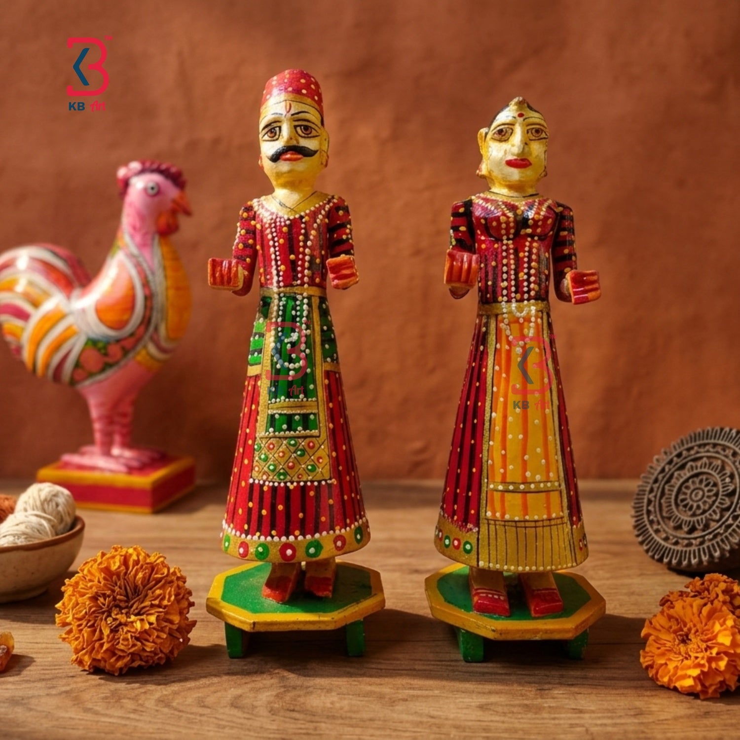 KB ART Wooden Gangaur Puppet Dolls - Side Angle Showing Finish and Craftsmanship - Handcrafted Wooden Decor Jodhpur