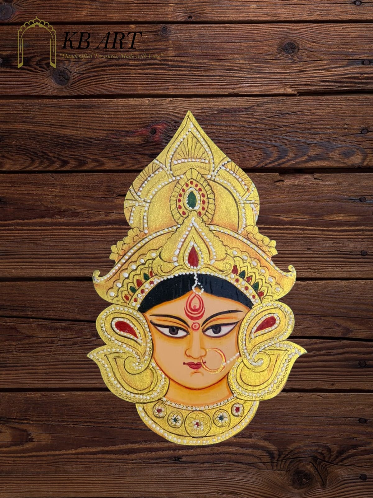 KB ART Mata Ji Face Pichwai Wall Decor - Side Angle Showing Finish and Craftsmanship - Handcrafted Wooden Decor Jodhpur