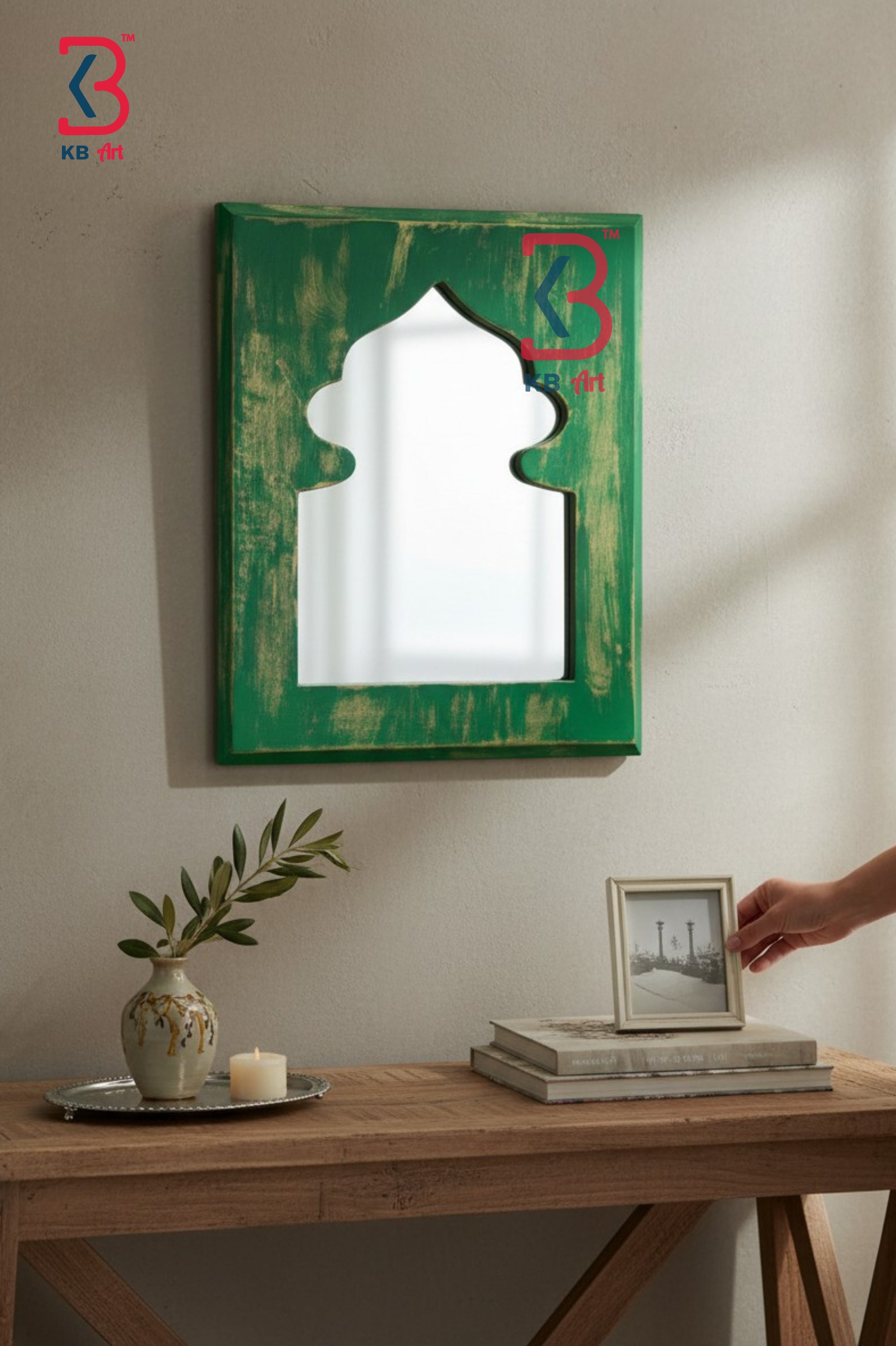 KB ART Wooden Distressed Jharokha Mirror - Front View of Handcrafted Detailing - Handcrafted Wooden Decor Jodhpur
