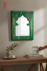 KB ART Wooden Distressed Jharokha Mirror - Front View of Handcrafted Detailing - Handcrafted Wooden Decor Jodhpur