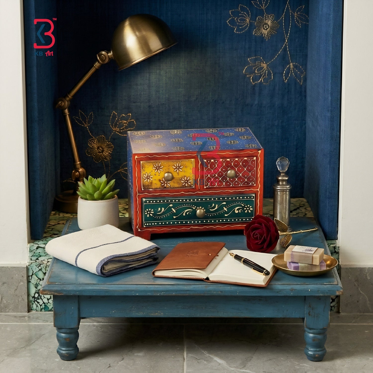 KB ART Wooden 3 Drawer Square Box - Front View of Handcrafted Detailing - Handcrafted Wooden Decor Jodhpur