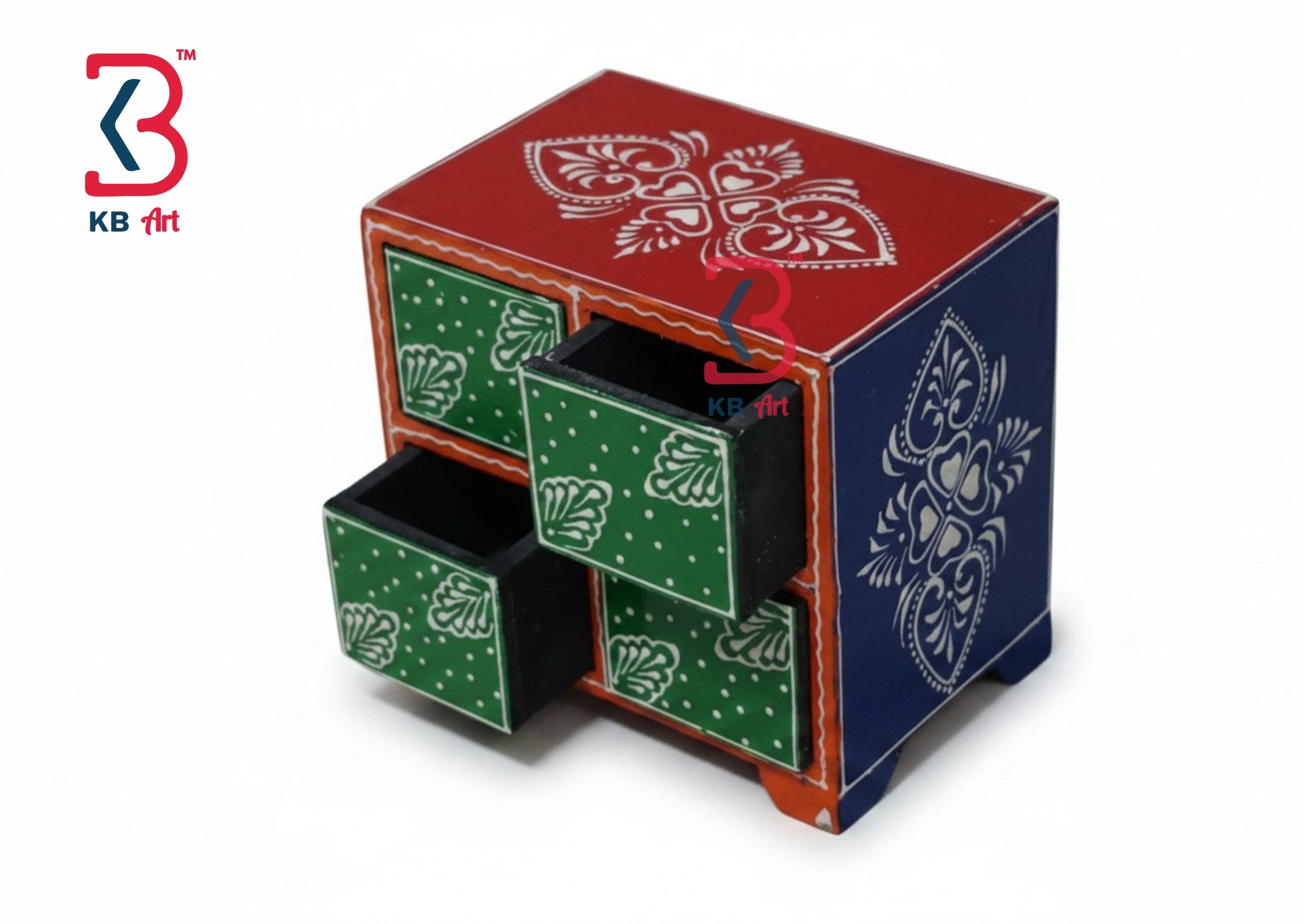KB ART Wooden 4 Drawer Jewelry Chest - Styled Display in Home Interior Setting - Handcrafted Wooden Decor Jodhpur
