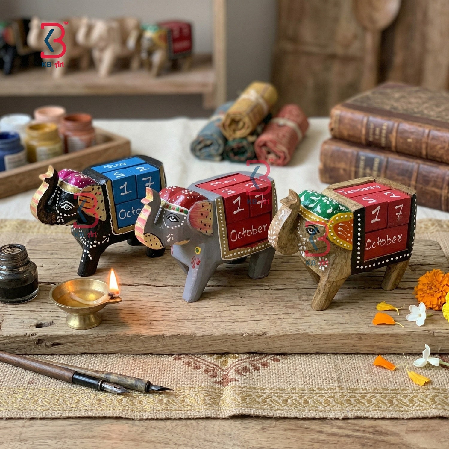 KB ART Wooden Carved Elephant Calendar - Back View Highlighting Build Quality - Handcrafted Wooden Decor Jodhpur