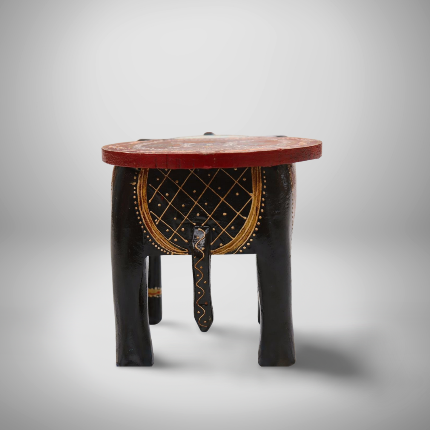 KB ART Handpainted Wooden Elephant Stool –  8 Inch Black & Red Misri Art | Handcarved Antique Look Home Decor & Gifting