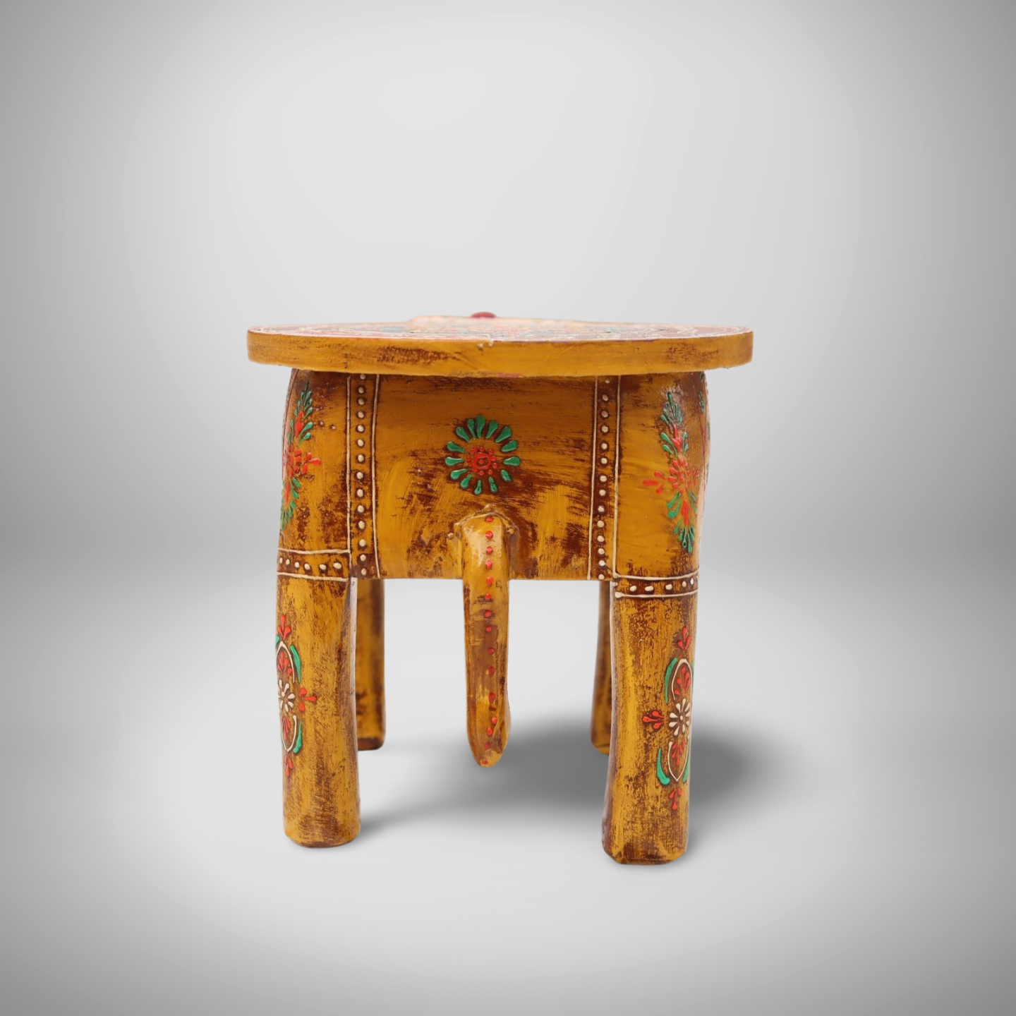KB ART Handpainted Wooden Elephant Stool –  8 Inch Yellow Base with Multicolour Amboz Jodhpuri Art | Antique Look Handcarved Home & Table Décor