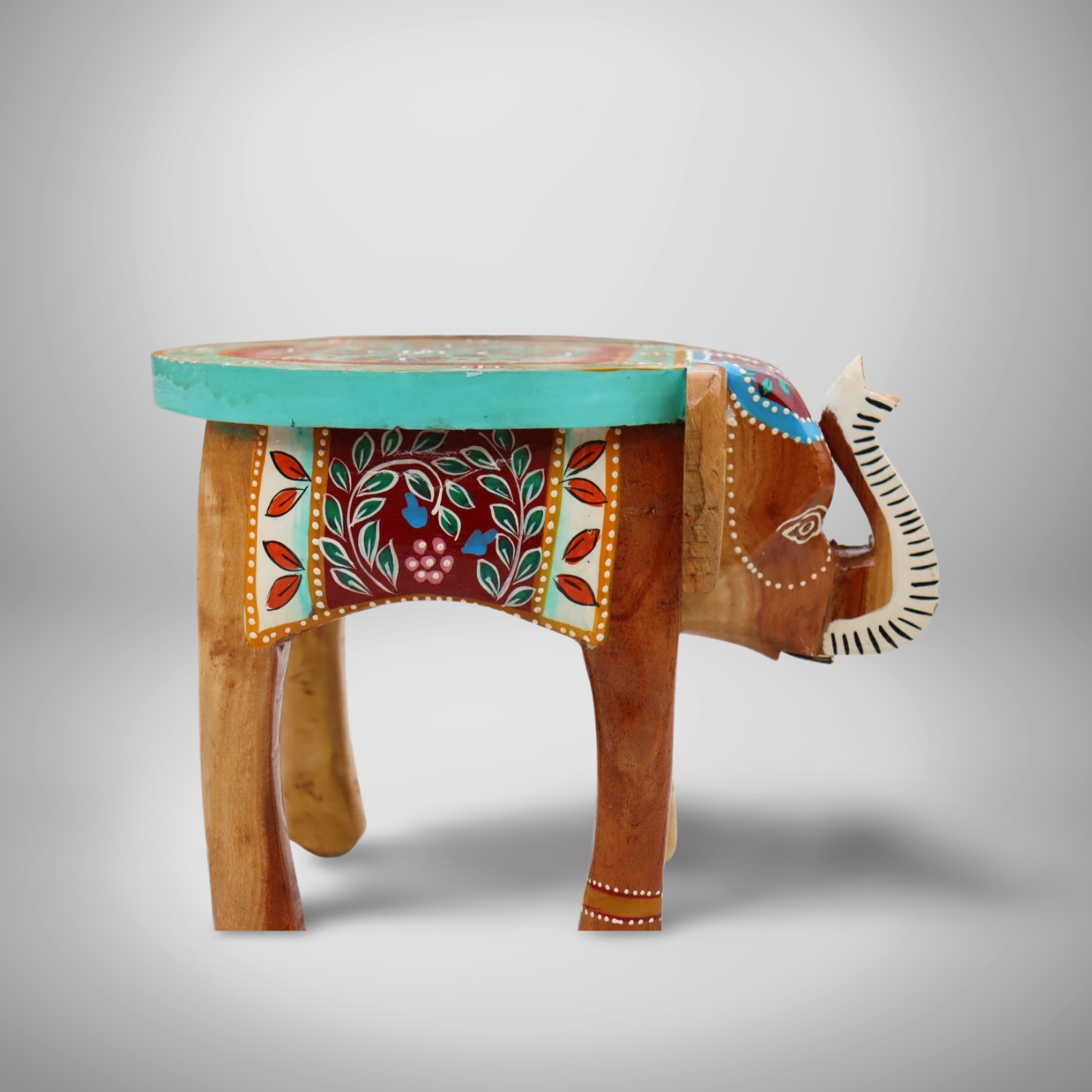 KB ART Handpainted Wooden Elephant Stool  – 8 Inch Natural & Multicolour Misri Art | Antique Look Handcarved Home & Table Décor