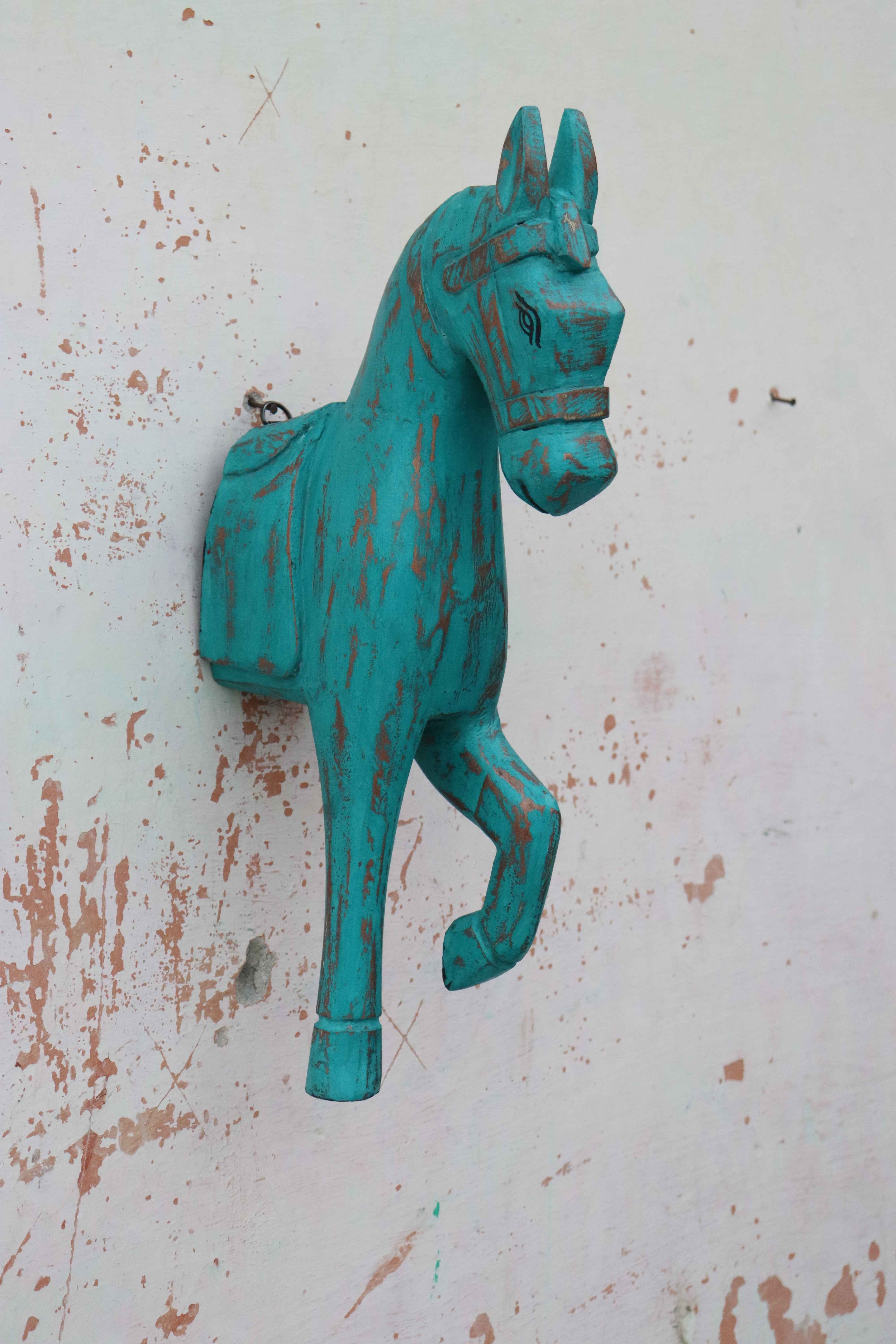 KB ART Turquoise Blue Horse Wall Decor - 16-Inch Distressed Wooden Wall Hanging with Golden Touch | Handcrafted Vintage-Style Rustic Indian Home Decor