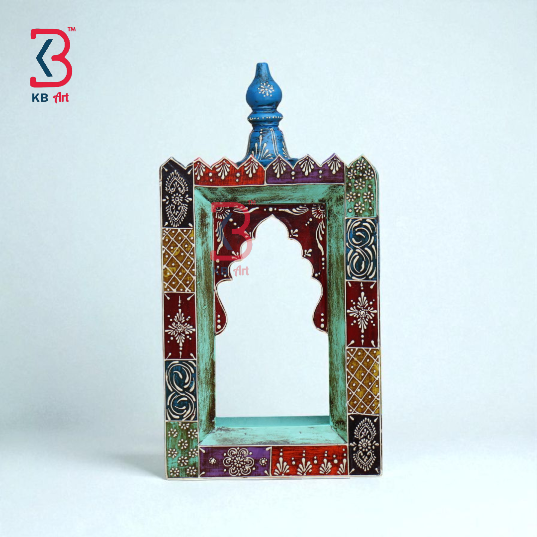 KB ART Handpainted Wooden Temple Wall Decor –  Multicolor Amboz Work Antique Look Handcarved Wall Hanging Mandir