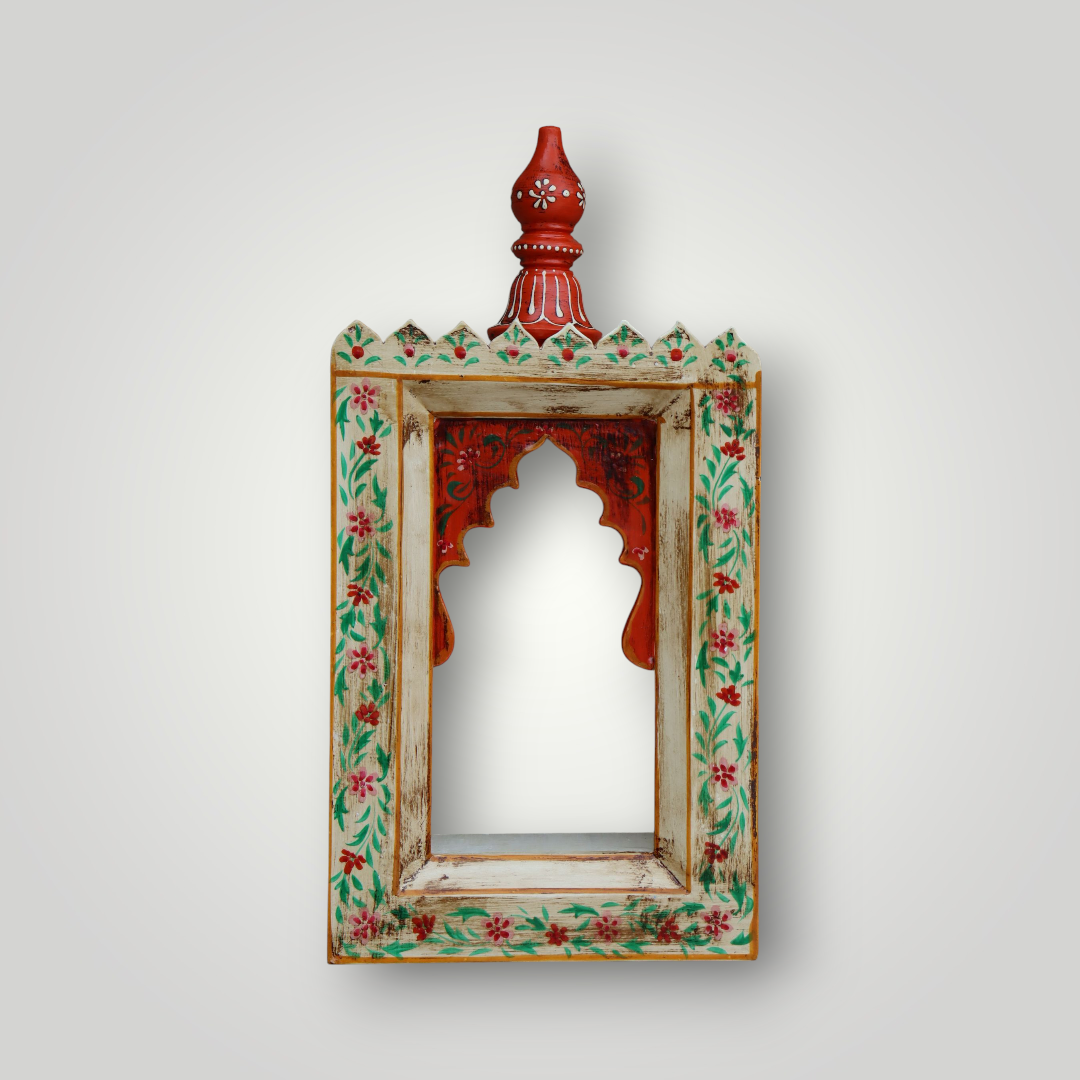 KB ART Handpainted Wooden Temple Wall Decor –  White colour handpainted motifs Work Antique Look Handcarved Wall Hanging Mandir