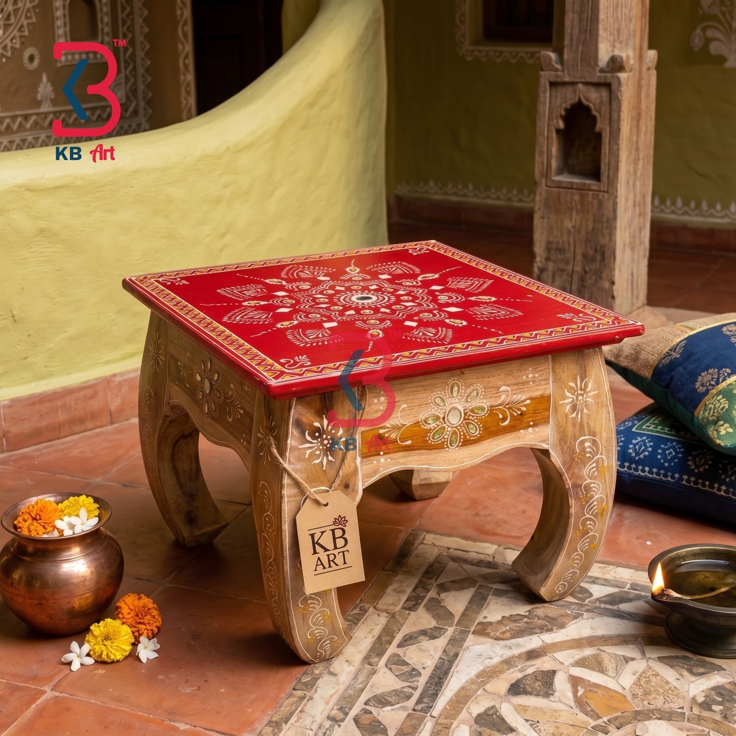 KB ART Traditional Red Handpainted Chowki Stool - Close-Up of Hand-Carved Artisan Texture - Handcrafted Wooden Decor Jodhpur