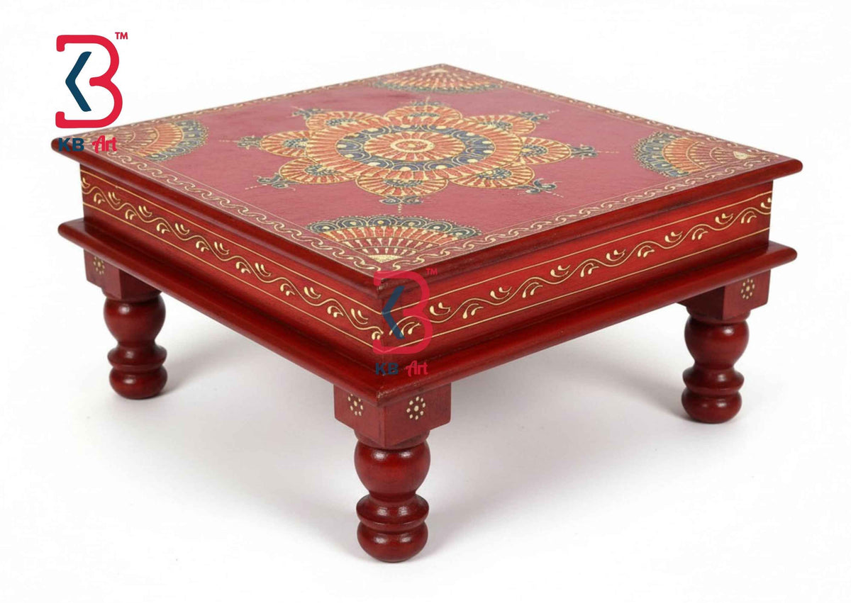 Handcrafted Wooden Red Mandala Bajot | Traditional Pooja Chowki & Low Stool
