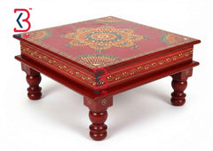 Handcrafted Wooden Red Mandala Bajot | Traditional Pooja Chowki & Low Stool