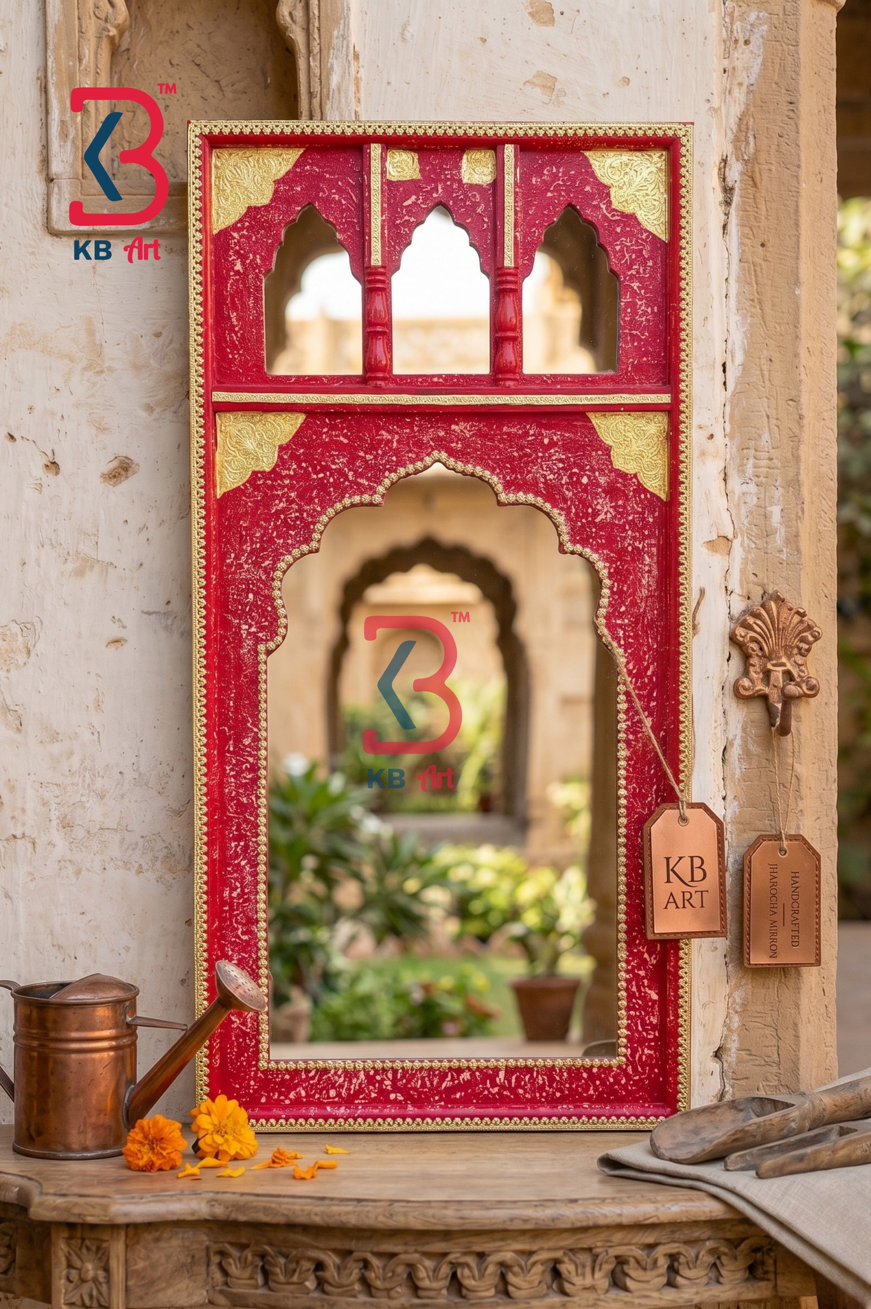 KB ART Red Wooden Jharokha Wall Mirror Brass - Front View of Handcrafted Detailing - Handcrafted Wooden Decor Jodhpur