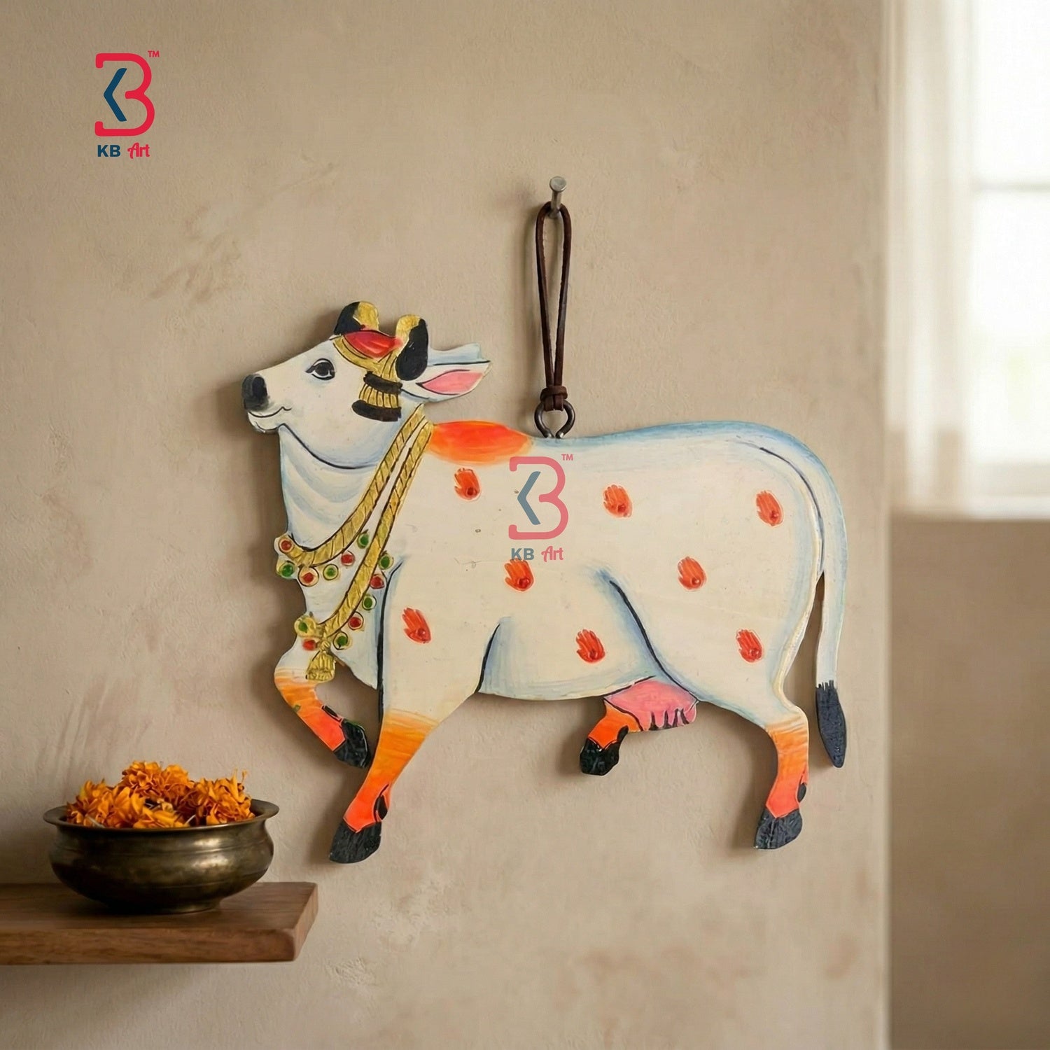 KB ART Mdf Cutouts Cow Pichwai - Close-Up of Hand-Carved Artisan Texture - Handcrafted Wooden Decor Jodhpur