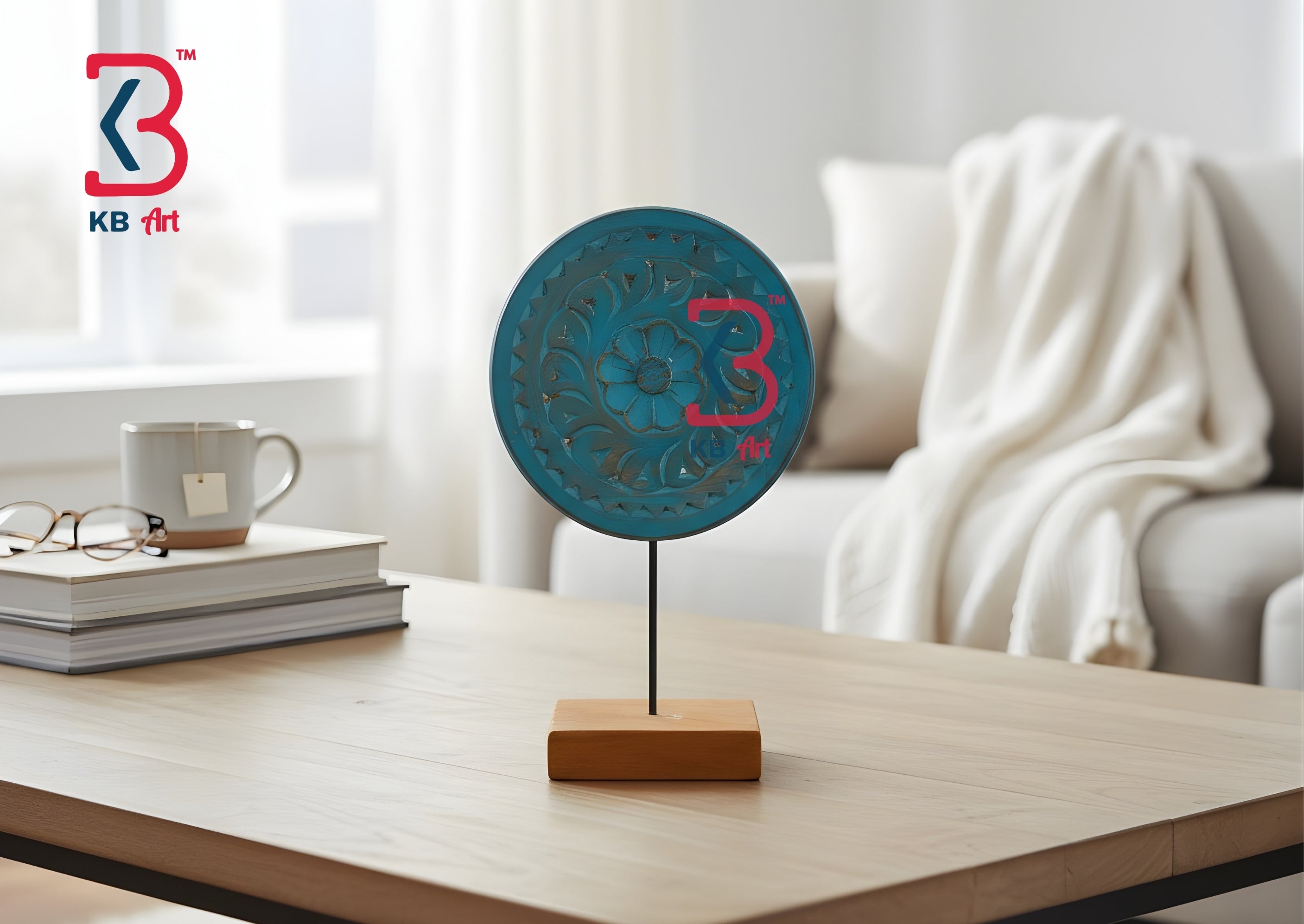KB ART Blue Round Wooden Table Decor Stand - Styled Display in Home Interior Setting - Handcrafted Wooden Decor Jodhpur