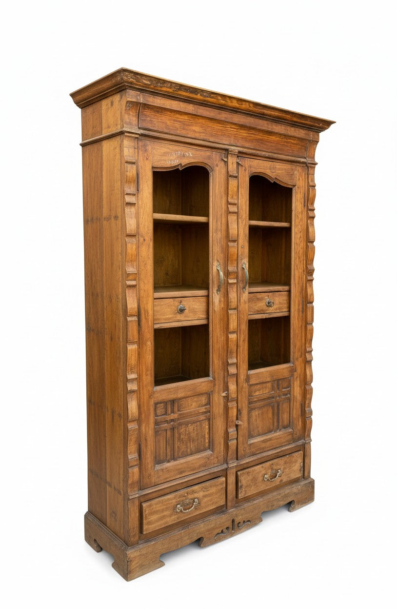 Reclaimed Wood Jharokha Style Cabinet - close-up detail of hand-carved reclaimed wood finish and joinery, KBART SKU KBART-1073