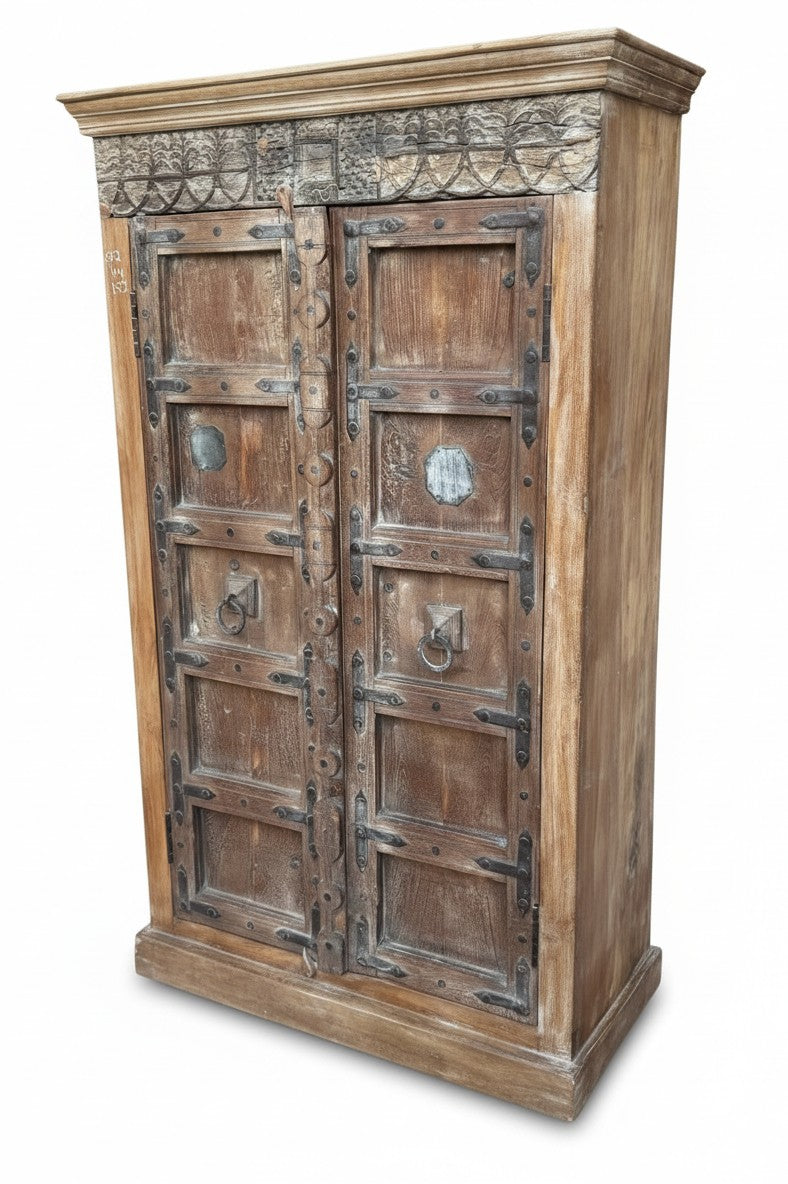 Reclaimed Wood Jharokha Cabinet - close-up detail of hand-carved reclaimed wood finish and joinery, KBART SKU KBART-1072