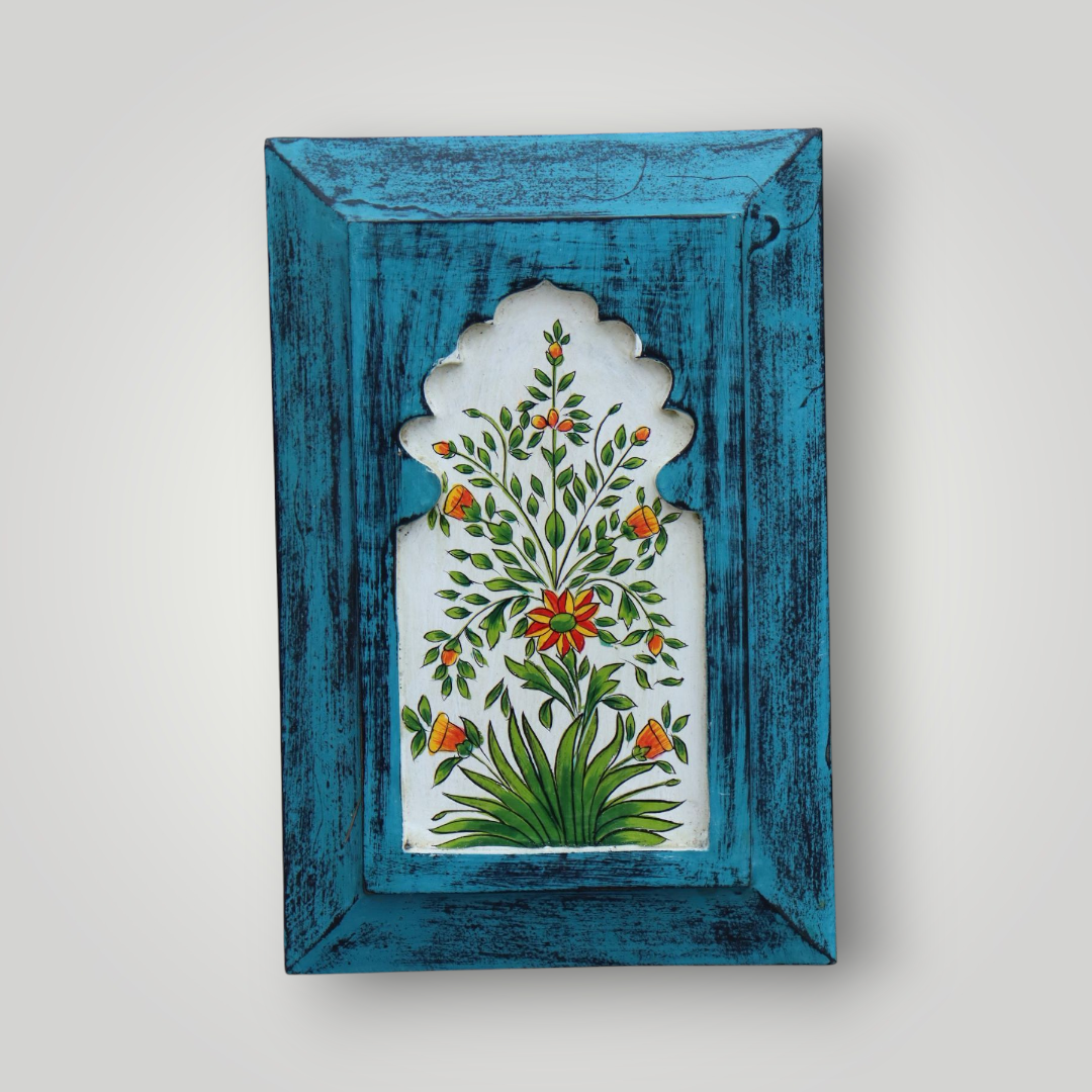 KB ART Handpainted Wooden Jharokha Wall Panel –  Turquoise Floral Mughal Arch Decor | Antique Look Wall Hanging
