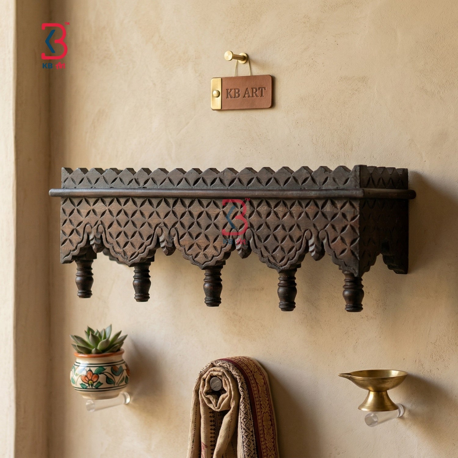KB ART Dark Brown Scalloped Wall Shelf - Close-Up of Hand-Carved Artisan Texture - Handcrafted Wooden Decor Jodhpur