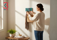 A woman in a cream knit sweater and blue jeans hangs a woven tote bag and a textured scarf from a turquoise decorative wall hook on a sunlit cream wall. A small wooden side table with a potted plant and books sits below.