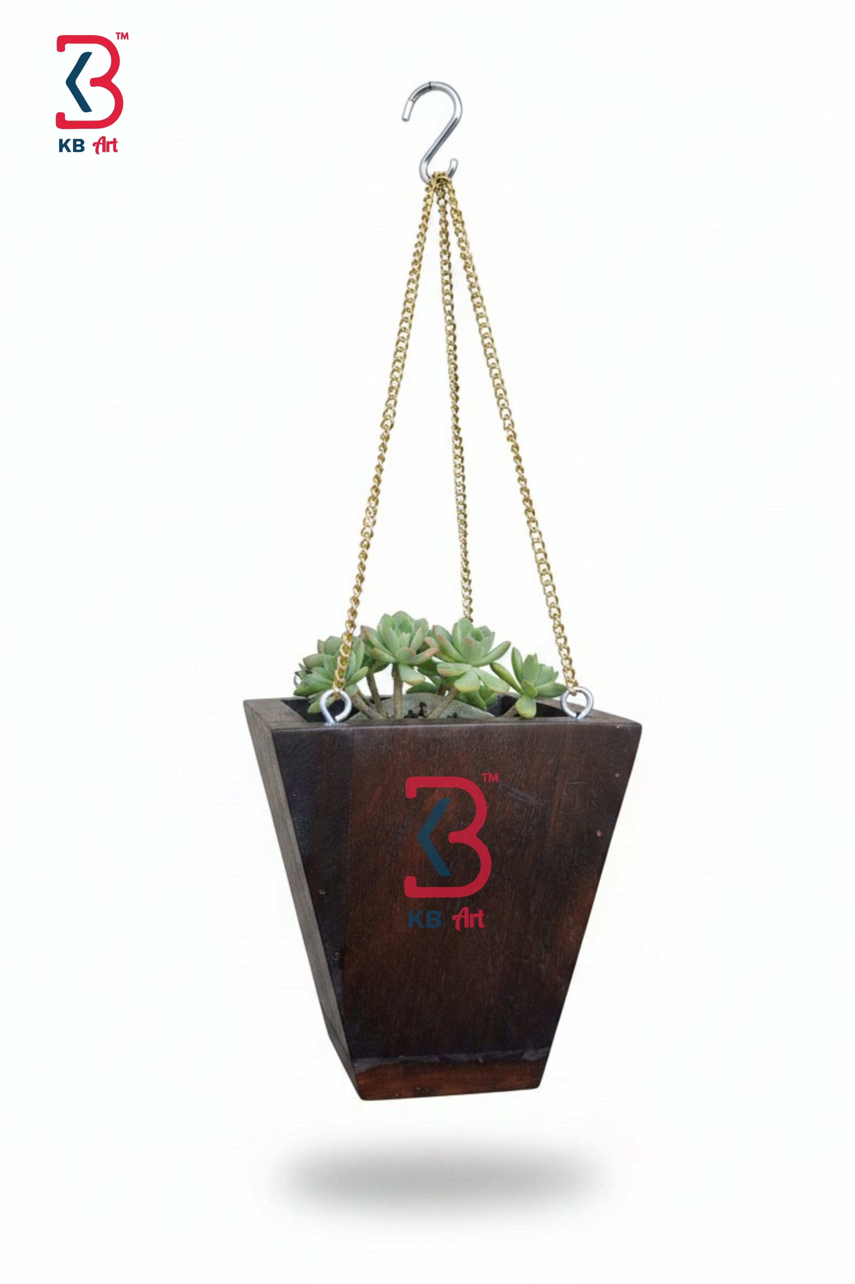 Hanging planter with a logo on a white background