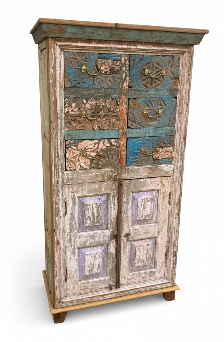 Aged Patina Wood Cabinet - close-up detail of hand-carved solid wood finish and joinery, KBART SKU KBART-1003