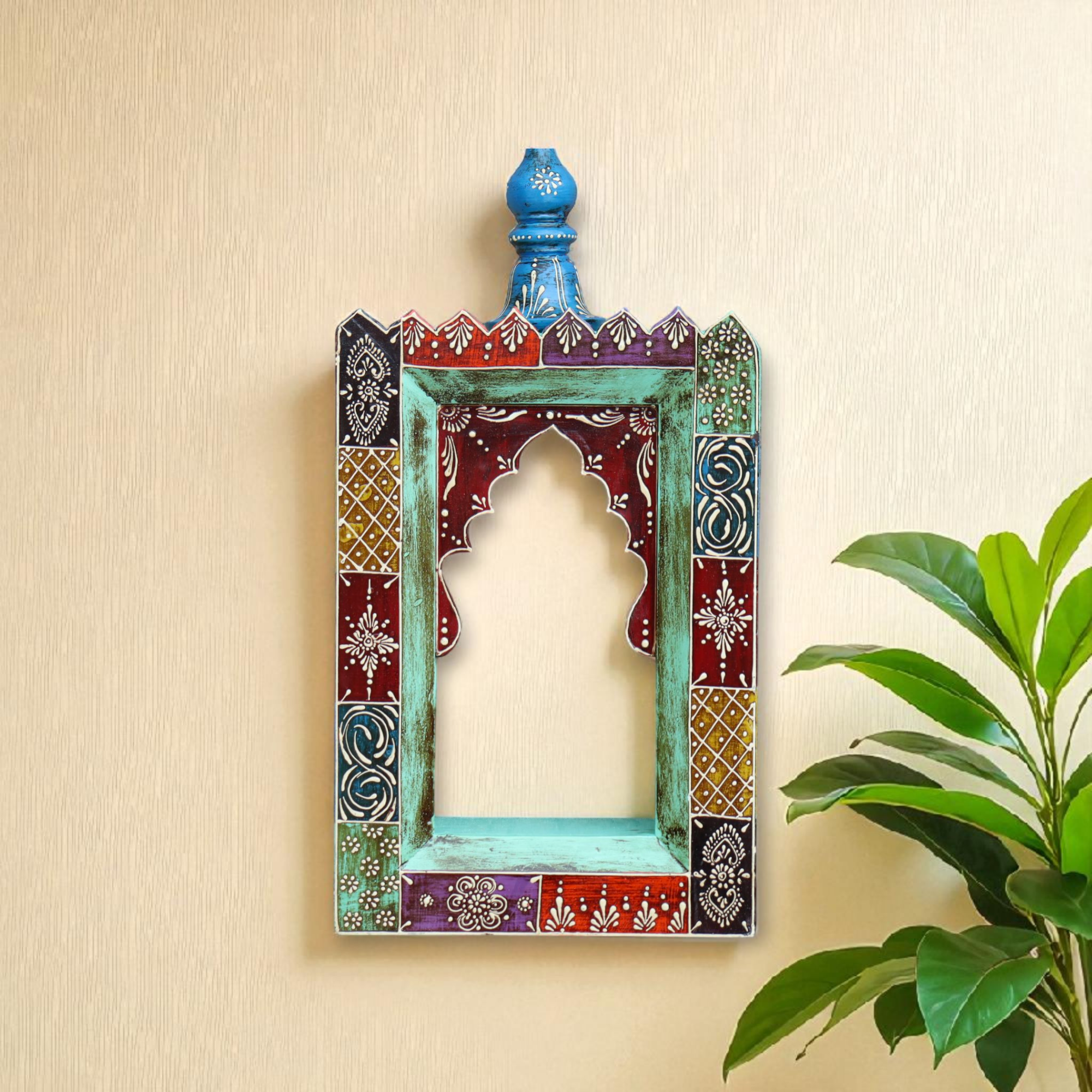 KB ART Handpainted Wooden Temple Wall Decor –  Multicolor Amboz Work Antique Look Handcarved Wall Hanging Mandir