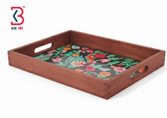KB ART Wooden Rectangle Floral Tray - Front View of Handcrafted Detailing - Handcrafted Wooden Decor Jodhpur