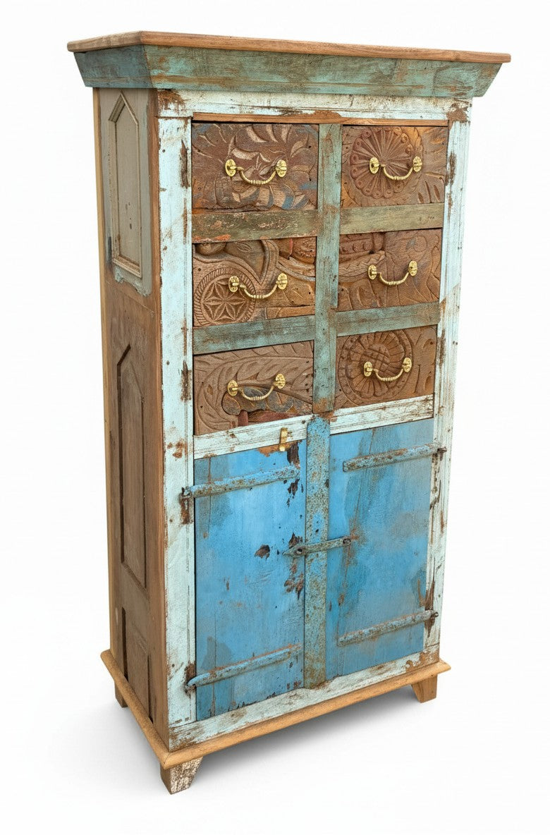 Natural Grain Antique Wardrobe - close-up detail of hand-carved solid wood finish and joinery, KBART SKU KBART-1064