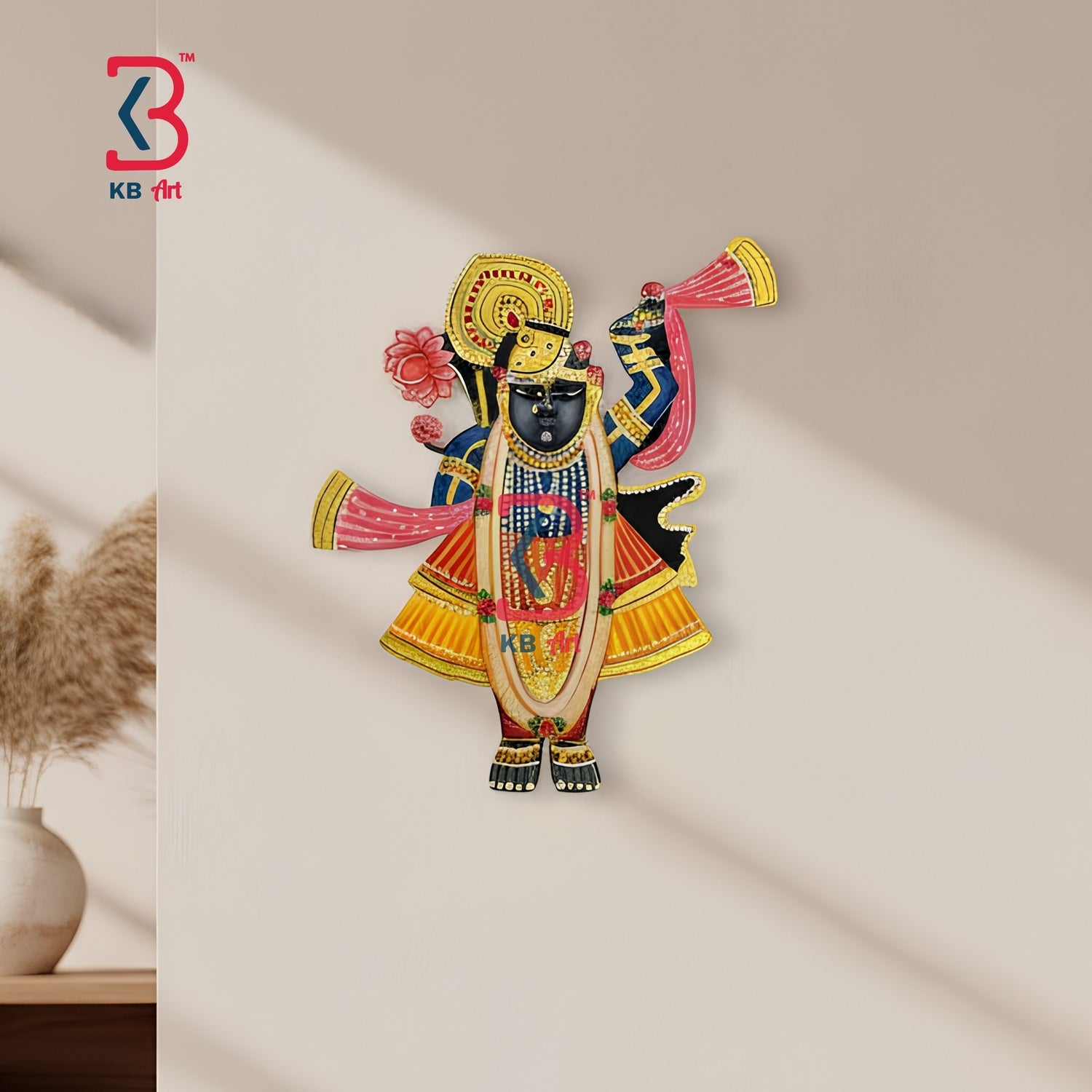 KB ART Standing Shrinathji Pichwai Wall Decor - Front View of Handcrafted Detailing - Handcrafted Wooden Decor Jodhpur