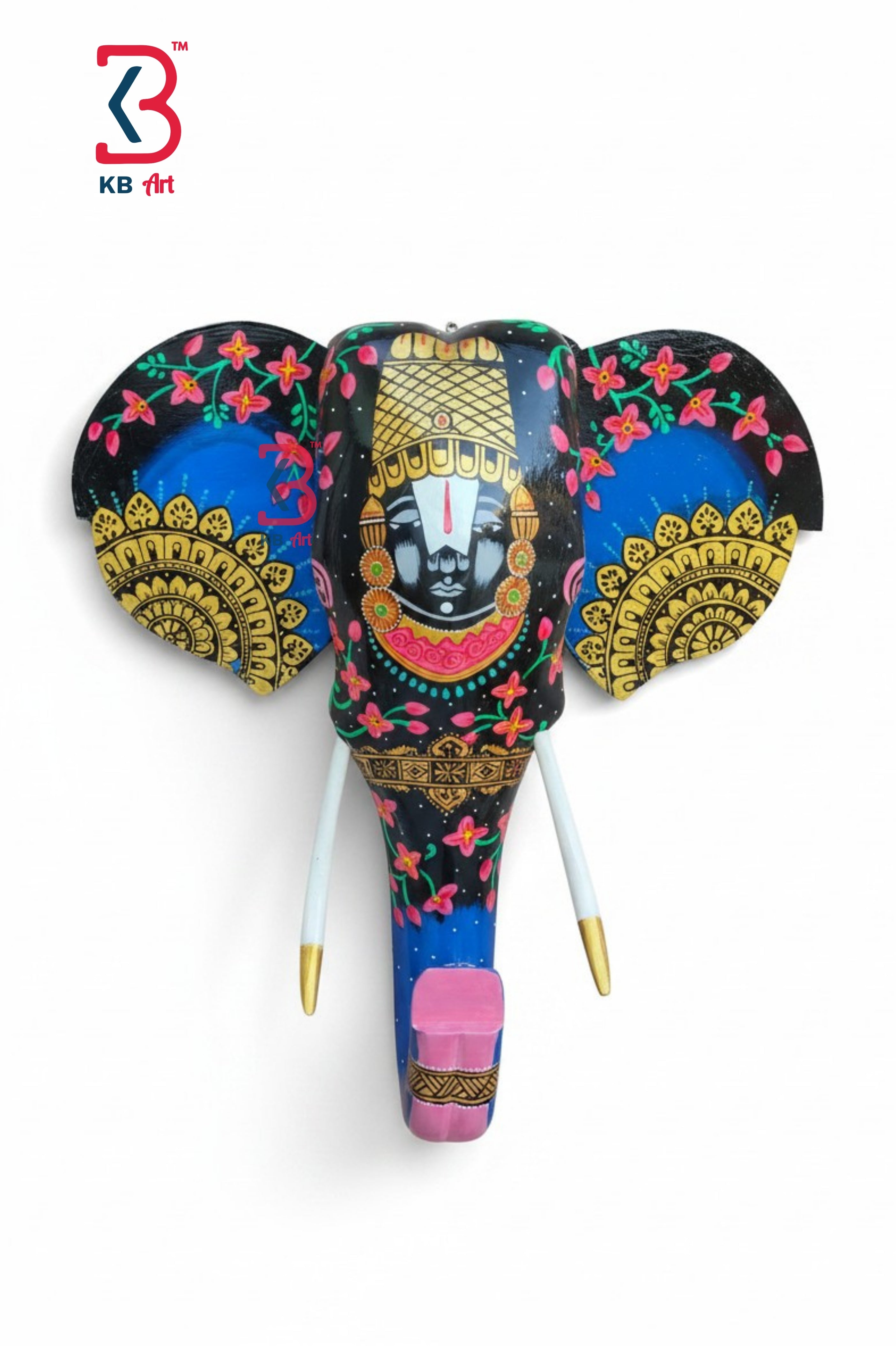 KB ART Wooden Elephant Head Shrinathji 18inches - Front View of Handcrafted Detailing - Handcrafted Wooden Decor Jodhpur