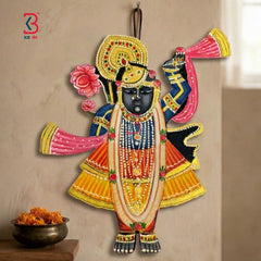 KB ART Standing Shrinathji Pichwai Wall Decor - Close-Up of Hand-Carved Artisan Texture - Handcrafted Wooden Decor Jodhpur