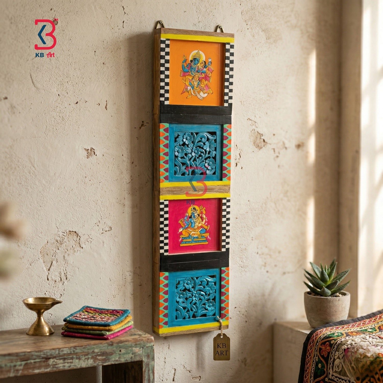 KB ART Krishna Mural Small Wall Decor Gate - Styled Display in Home Interior Setting - Handcrafted Wooden Decor Jodhpur