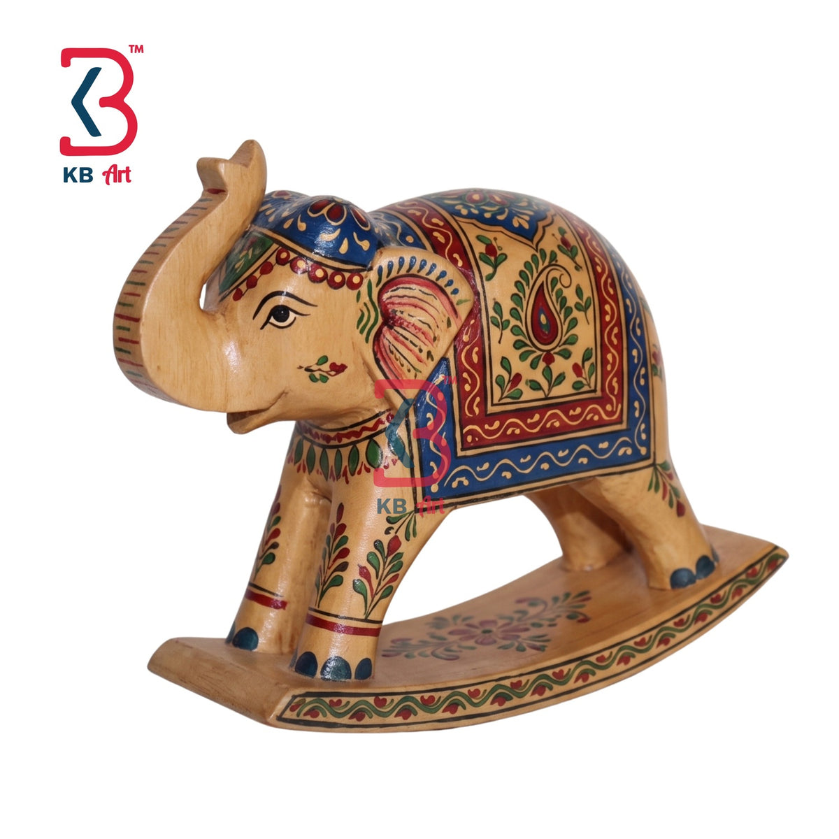 KB ART Hand Painted Rocking Elephant Figurine - Front View of Handcrafted Detailing - Handcrafted Wooden Decor Jodhpur