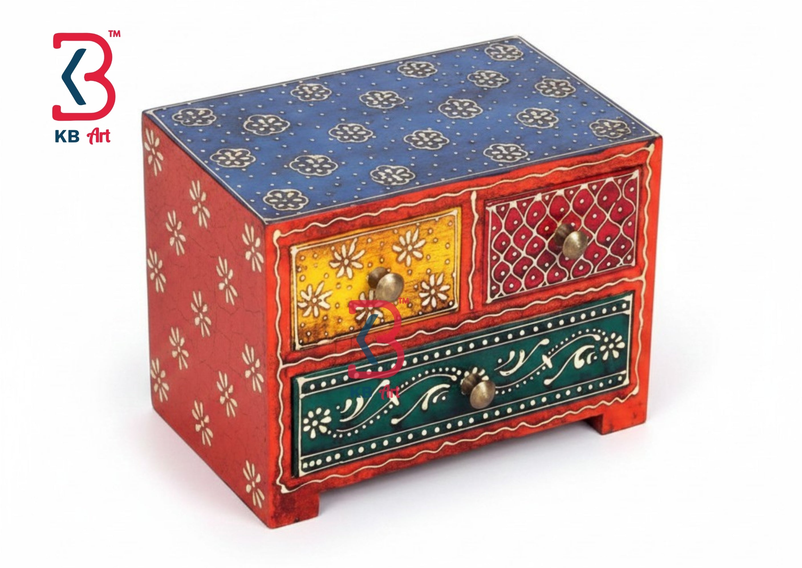 KB ART Wooden 3 Drawer Square Box - Complete Product View on Plain Background - Handcrafted Wooden Decor Jodhpur
