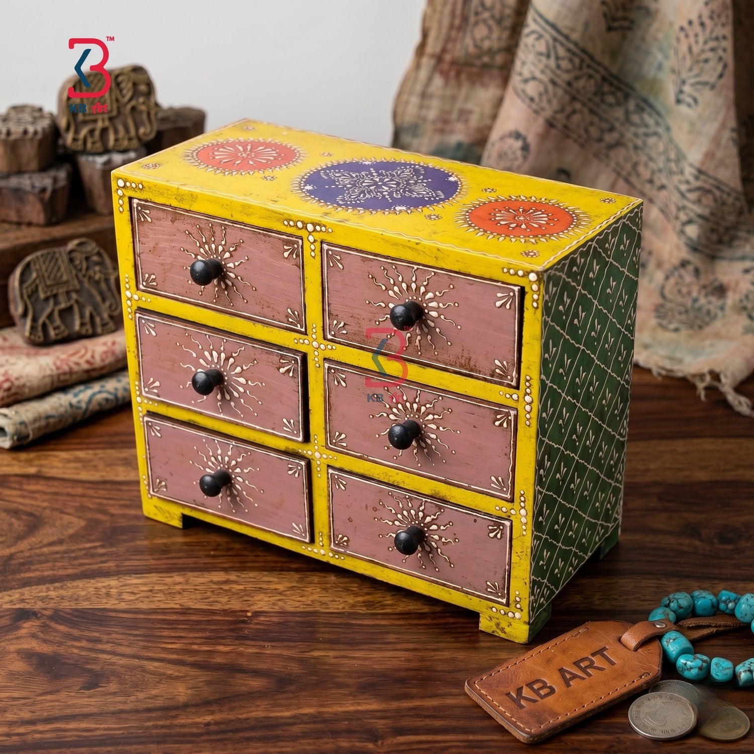 KB ART Vibrant 6 Drawer Wooden Box - Styled Display in Home Interior Setting - Handcrafted Wooden Decor Jodhpur