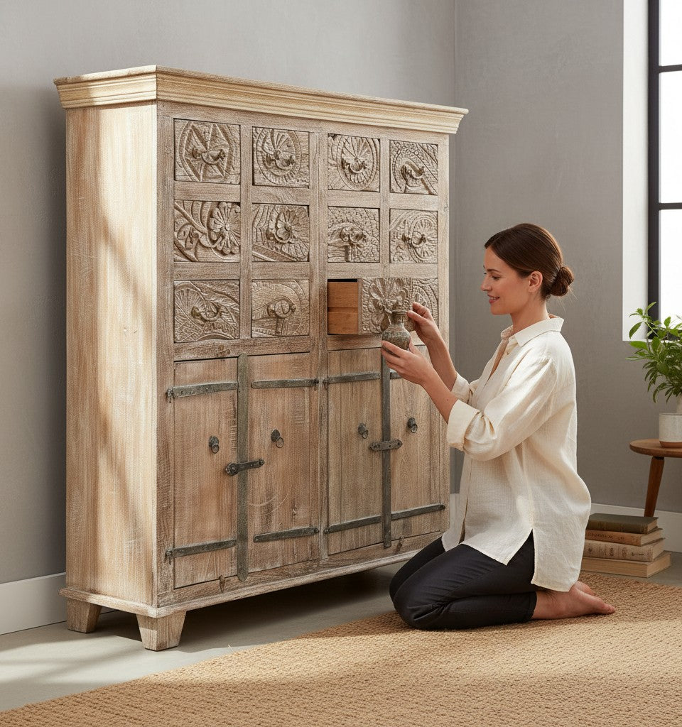 Timeless Classic Indian Wood Wardrobe - genuine handcrafted solid wood india antique furniture, KBART SKU KBART-1086, front view