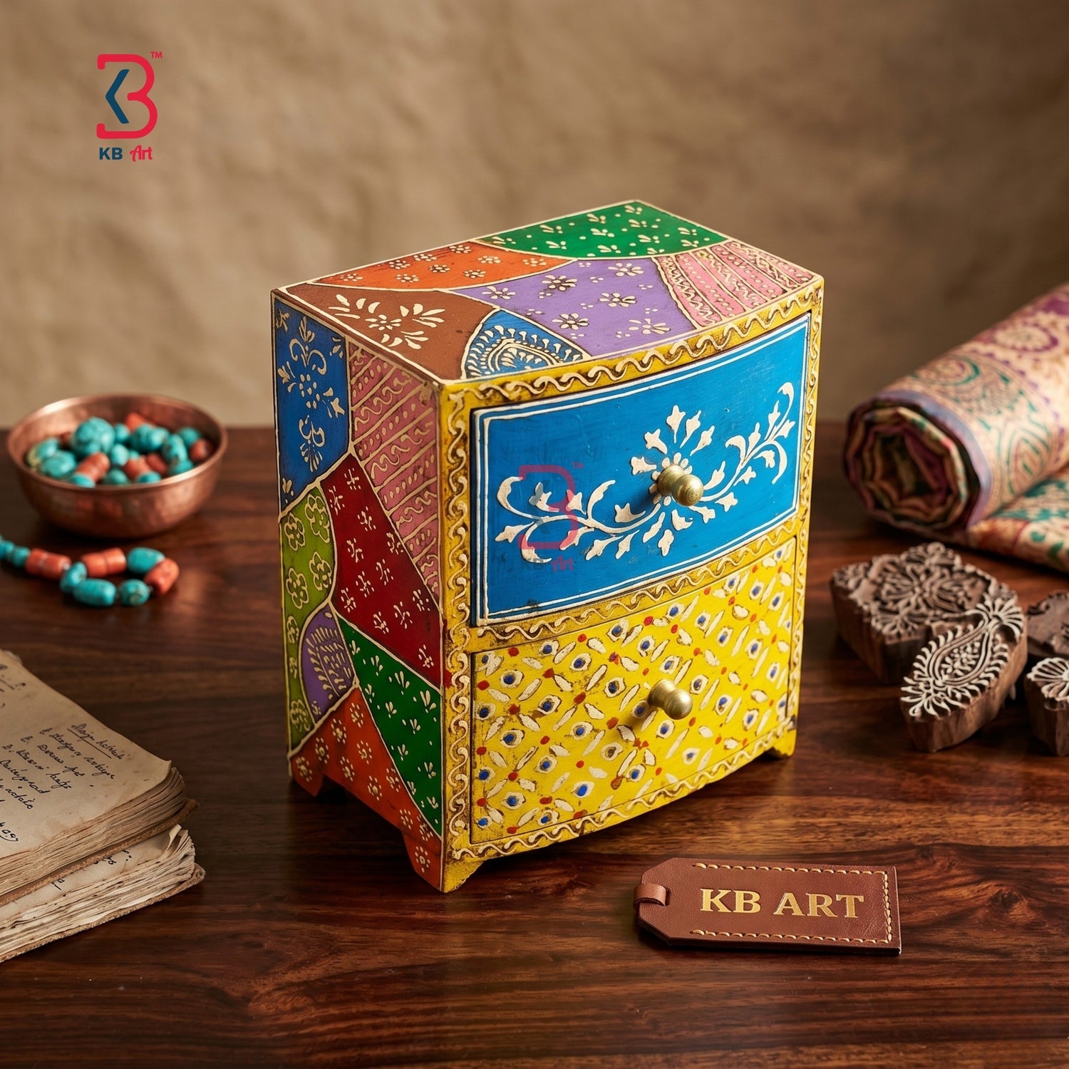 KB ART Wooden 2 Drawer Box Square - Close-Up of Hand-Carved Artisan Texture - Handcrafted Wooden Decor Jodhpur