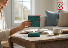 KB ART Blue Square Wooden Carved Table Accent - Styled Display in Home Interior Setting - Handcrafted Wooden Decor Jodhpur