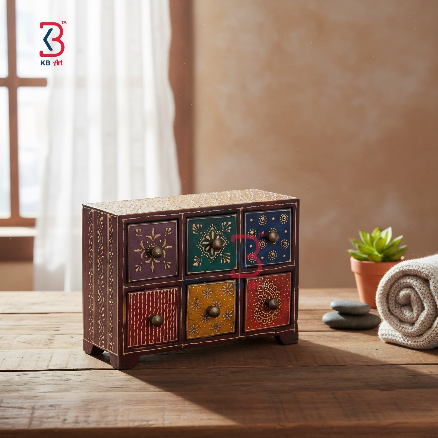 KB ART 6 Drawer Mdf Organizer - Styled Display in Home Interior Setting - Handcrafted Wooden Decor Jodhpur