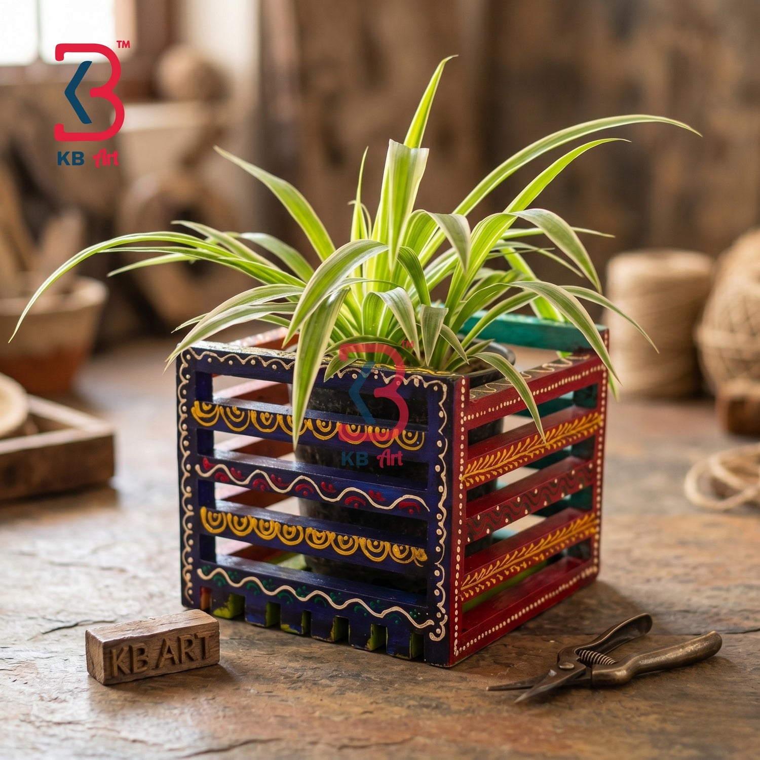 KB ART Vibrant Handpainted Wooden Slatted Planter Box - Close-Up of Hand-Carved Artisan Texture - Handcrafted Wooden Decor Jodhpur