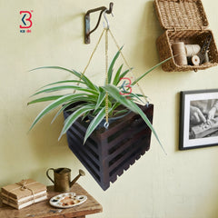 High-angle shot showcasing the empty square interior and the horizontal wood slat gaps of the brown polished hanging planter box.