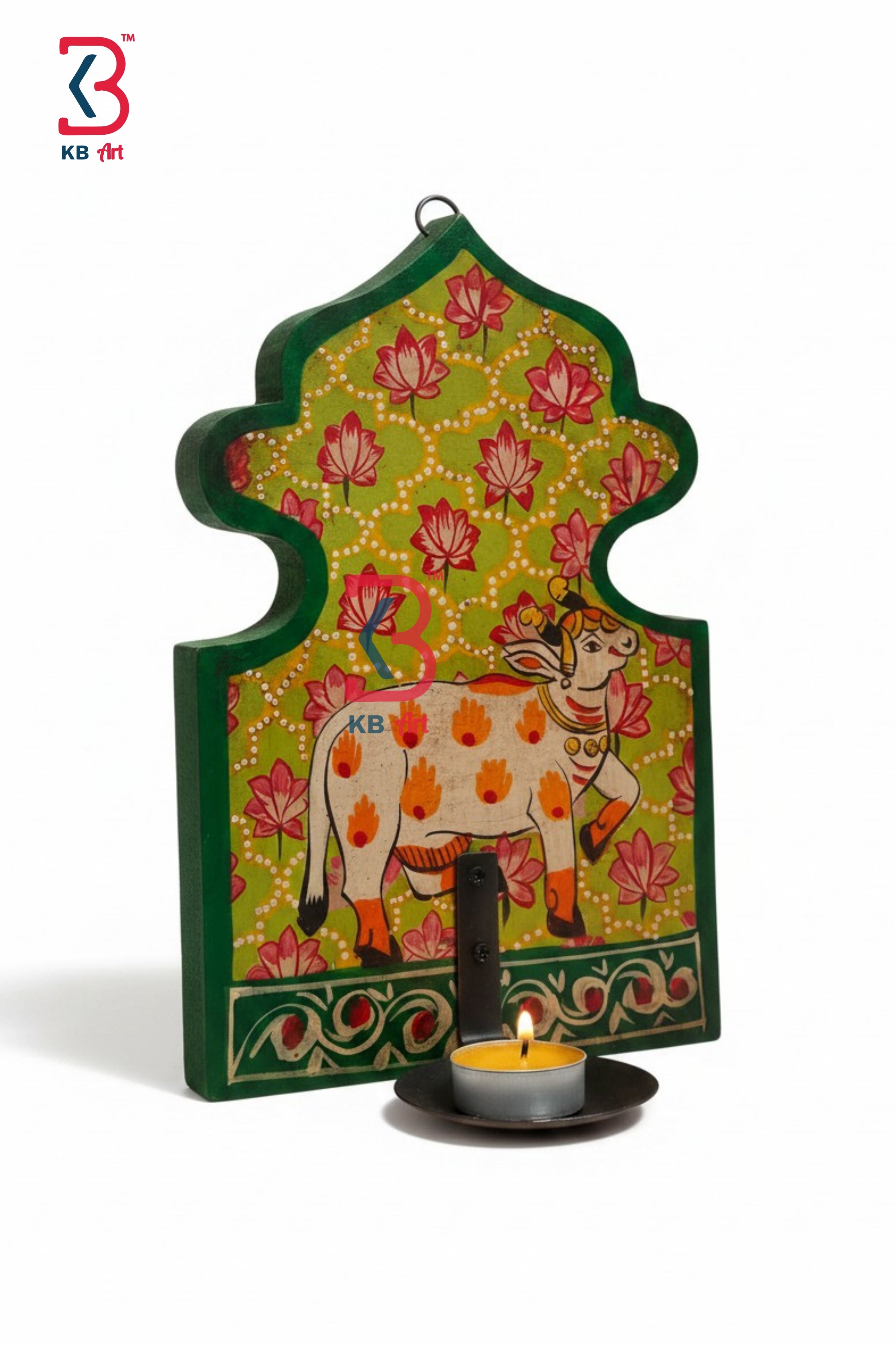 KB ART Wooden Pichwai Tlight Holder Wall Decor - Front View of Handcrafted Detailing - Handcrafted Wooden Decor Jodhpur