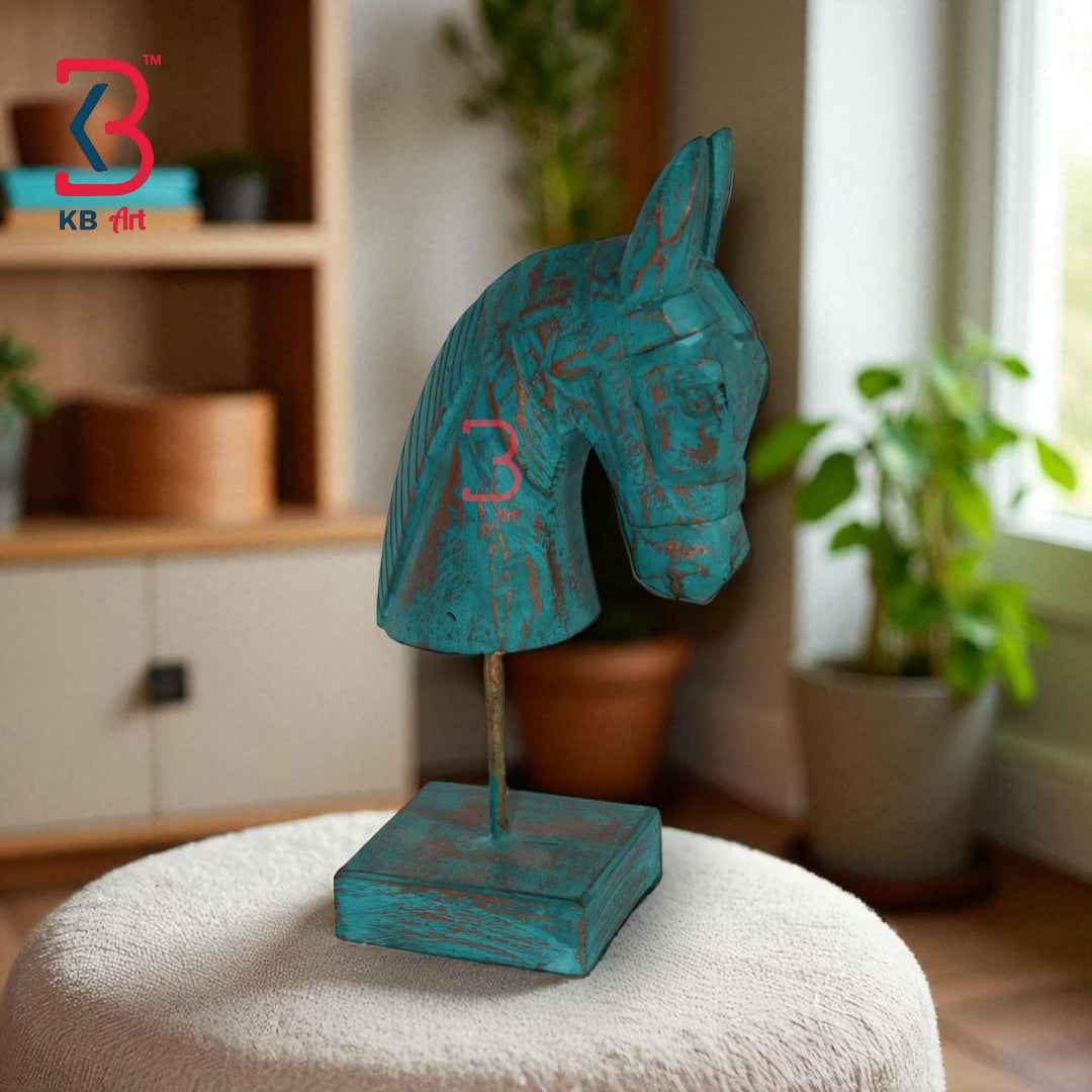 KB ART 11 Inch Wooden Handcarved Half Horse Head Statue with Stand –  Turquoise Distress Antique Look Table Decor with Gold Touch
