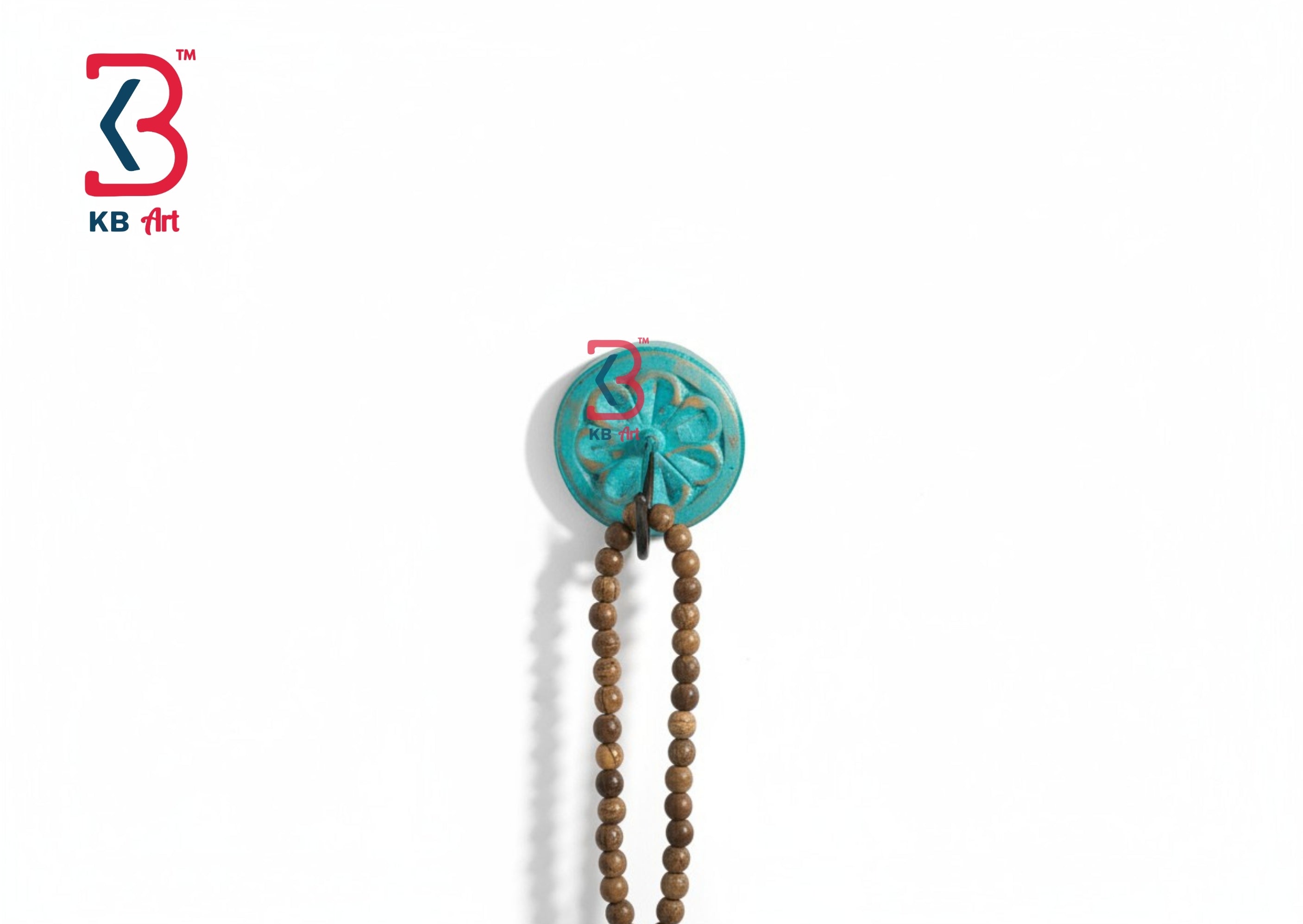 KB ART Teal Flower Carved Wooden Wall Hook - Front View of Handcrafted Detailing - Handcrafted Wooden Decor Jodhpur