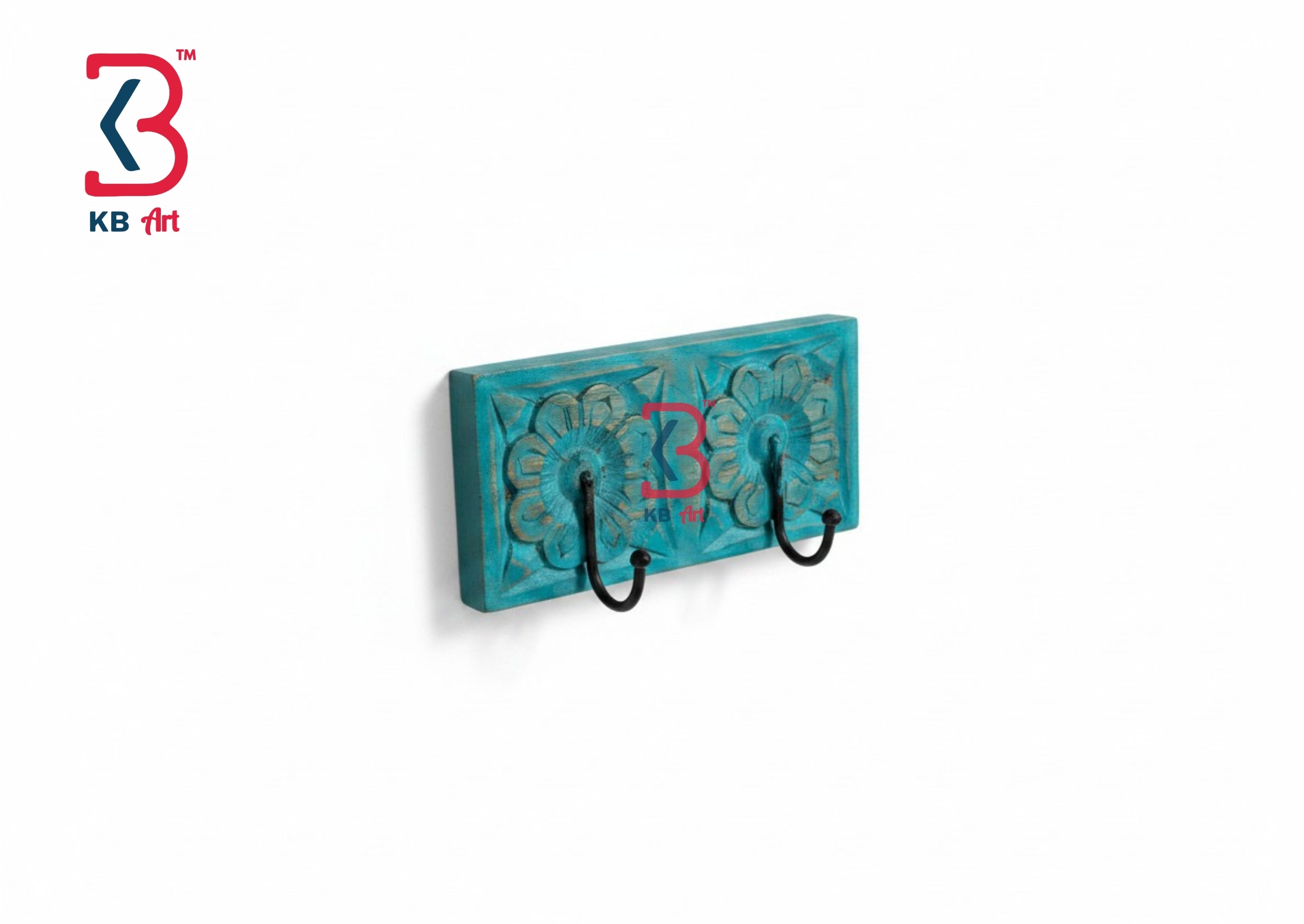 A turquoise blue carved wooden wall hook holder with three black metal hooks, shown against a plain white background with a KB Art logo in the top-left corner.
