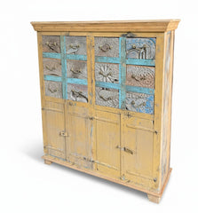 Hand-Finished Antique Almirah - close-up detail of hand-carved solid wood finish and joinery, KBART SKU KBART-1050
